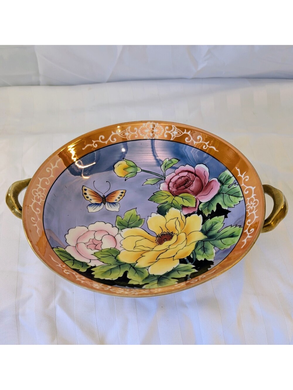 Vintage Mid-20th Century Japanese Porcelain Hand-Painted Peonies & Butterfly Ped